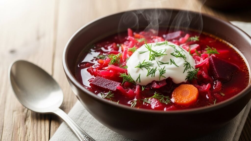 Traditional Russian Dish - Borscht with Sour Cream