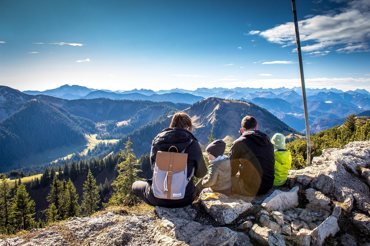 family, hike, travel, alps, distant view, hochwald, fir trees, mountains, wallberg, summit, picnic, hiking area, nature, recreation, leisure time, mood, bavaria